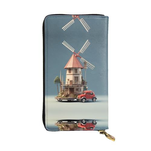 WZYWHJ Stilvolle Leder-Geldbörse mit Windmühlen-Motiv, lange Clutch für Damen, strapazierfähiges Material, 12 Kartenfächer, Reißverschlussfächer von WZYWHJ