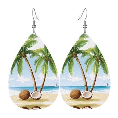 WZYWHJ Strand Kokosnussbäume Drucke Damen Leder Ohrringe Einfache Wassertropfen Anhänger Mode Urlaub Geschenk von WZYWHJ