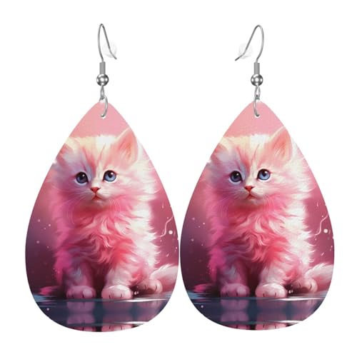 WZYWHJ Süße kleine rosa Katze Bild Damen Leder Ohrringe Einfache Wassertropfen Anhänger Mode Urlaub Geschenk von WZYWHJ