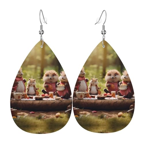 WZYWHJ Tiere auf einem Picknick Bild Damen Leder Ohrringe Einfache Wassertropfen Anhänger Mode Urlaub Geschenk von WZYWHJ