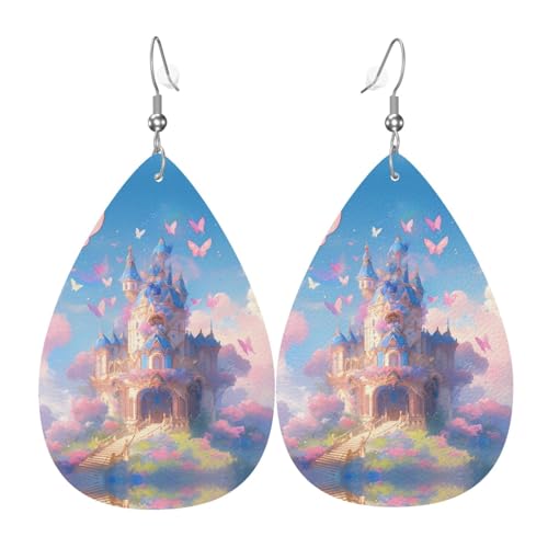 WZYWHJ Traumhaft Schmetterling Schloss Bild Damen Leder Ohrringe Einfache Wassertropfen Anhänger Mode Urlaub Geschenk von WZYWHJ
