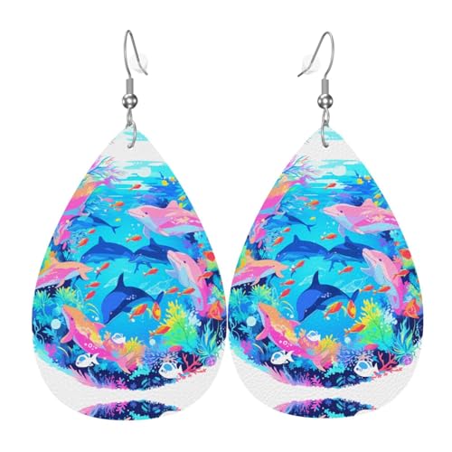 WZYWHJ Traumhafte Delfinwelt Bild Damen Leder Ohrringe Einfache Wassertropfen Anhänger Mode Urlaub Geschenk von WZYWHJ