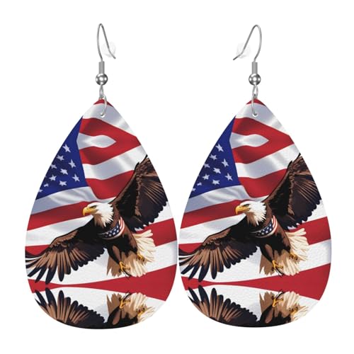 WZYWHJ USA Patriotischer Adler mit amerikanischer Flagge Bild Damen Leder Ohrringe Einfache Wassertropfen Anhänger Mode Urlaub Geschenk von WZYWHJ