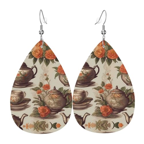 WZYWHJ Vintage Tea Time Prints Damen Leder Ohrringe Einfache Wassertropfen Anhänger Mode Urlaub Geschenk von WZYWHJ