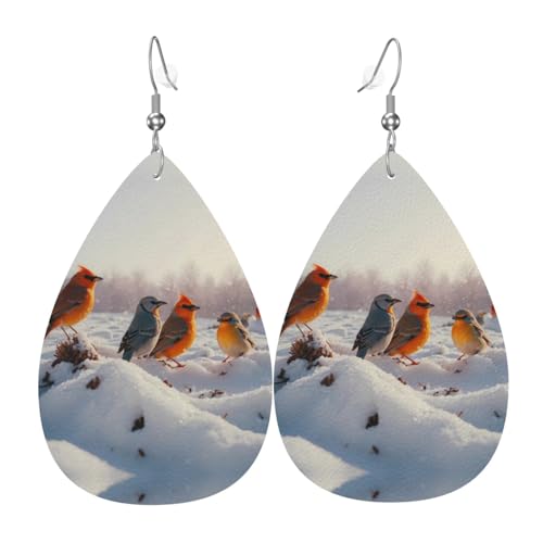 WZYWHJ Vögel auf dem Schnee Bild Damen Leder Ohrringe Einfache Wassertropfen Anhänger Mode Urlaub Geschenk von WZYWHJ