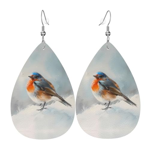 WZYWHJ Vögel auf dem Schnee Bild Damen Leder Ohrringe Einfache Wassertropfen Anhänger Mode Urlaub Geschenk von WZYWHJ