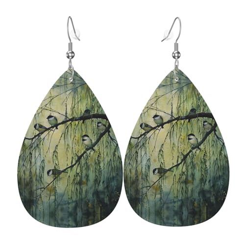 WZYWHJ Vögel zwitschern auf dem Weidenbaum Bild Damen Leder Ohrringe Einfache Wassertropfen Anhänger Mode Urlaub Geschenk von WZYWHJ