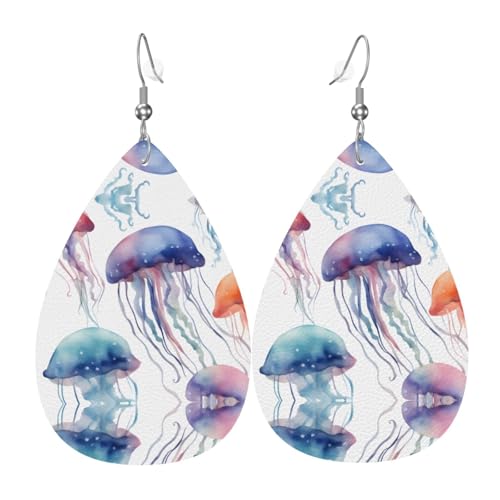 WZYWHJ Wasserfarben-3D-Quallenbild, Damen-Leder-Ohrringe, einfacher Wassertropfen-Anhänger, modisches Urlaubsgeschenk von WZYWHJ