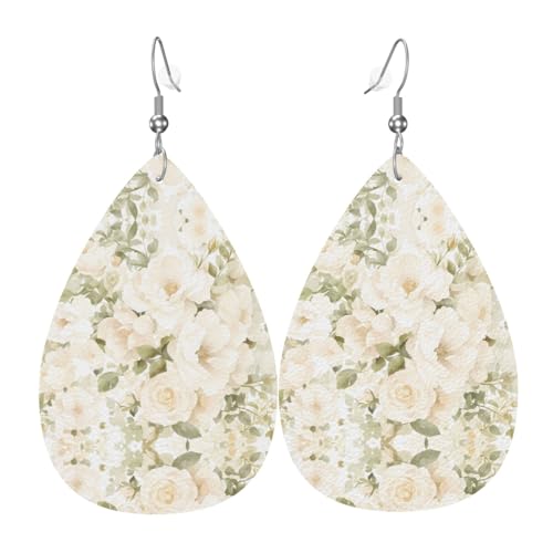 WZYWHJ Weiße Aquarell-Blumenrose. Damen-Leder-Ohrringe, einfacher Wassertropfen-Anhänger, modisches Urlaubsgeschenk von WZYWHJ