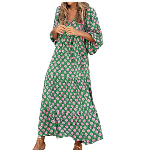 Kleider Damen Sommer Lang V-Ausschnitt Boho Blumenkleid Casual RüSchen Strandkleid Maxi Kleid Elegant A-Linie Freizeitkleid Urlaubskleid Hochzeit von WZYYDS