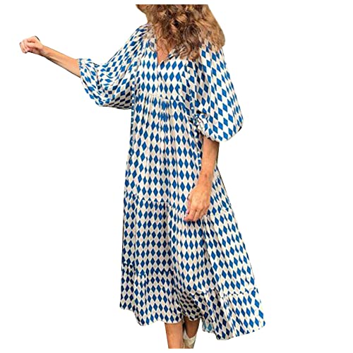 Kleider Damen Sommer Lang V-Ausschnitt Boho Blumenkleid Casual RüSchen Strandkleid Maxi Kleid Elegant A-Linie Freizeitkleid Urlaubskleid Hochzeit von WZYYDS