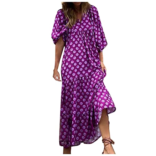 Kleider Damen Sommer Lang V-Ausschnitt Boho Blumenkleid Casual RüSchen Strandkleid Maxi Kleid Elegant A-Linie Freizeitkleid Urlaubskleid Hochzeit von WZYYDS