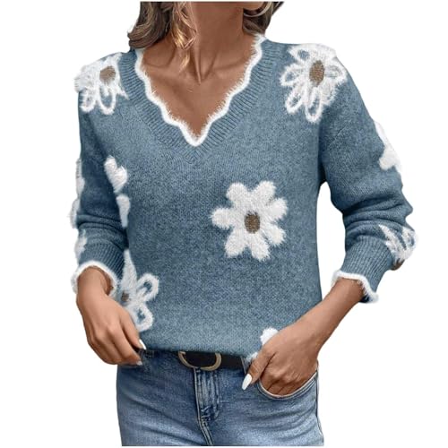 Pullover Damen Elegant V-Ausschnitt Strickpullover Gestrickt Leichte Pulli Blumenmuster Langarm Fleecepullover Oversize Herbst Winter Winterpullover Strick Casual Sweater von WZYYDS