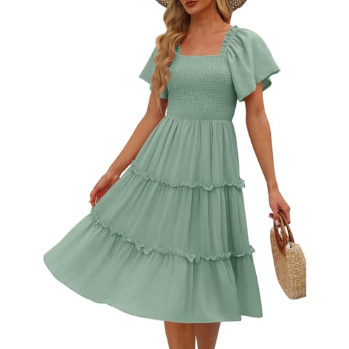 WZYYDS Sommerkleid Damen Knielang Chiffon Elegant Strand Urlaubskleider Quadrokragen Kurzarm Freizeitkleider Midi Partykleid Damen Leicht Und Luftig Grün XL von WZYYDS