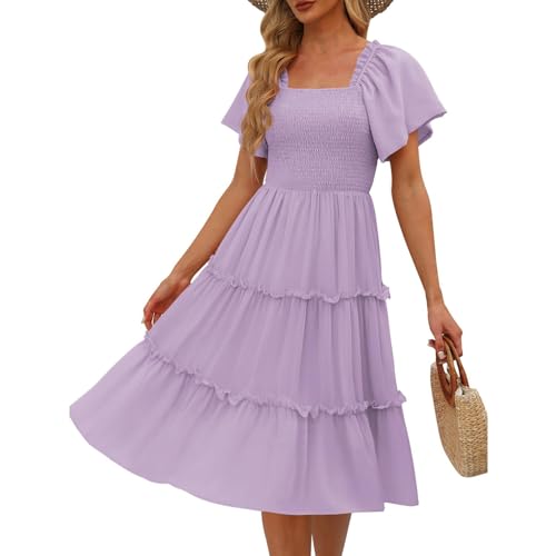 WZYYDS Sommerkleid Damen Knielang Chiffon Elegant Strand Urlaubskleider Quadrokragen Kurzarm Freizeitkleider Midi Partykleid Damen Leicht Und Luftig Hellviolett XL von WZYYDS