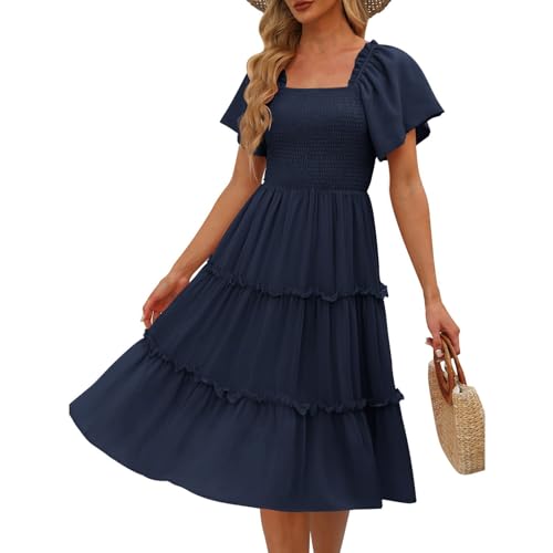 WZYYDS Sommerkleid Damen Knielang Chiffon Elegant Strand Urlaubskleider Quadrokragen Kurzarm Freizeitkleider Midi Partykleid Damen Leicht Und Luftig Marineblau XL von WZYYDS