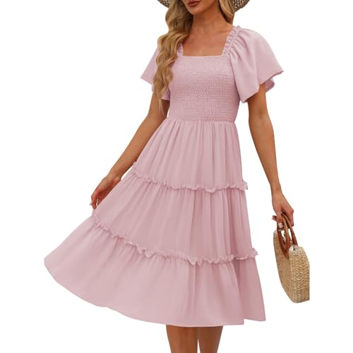 WZYYDS Sommerkleid Damen Knielang Chiffon Elegant Strand Urlaubskleider Quadrokragen Kurzarm Freizeitkleider Midi Partykleid Damen Leicht Und Luftig Rosa M von WZYYDS