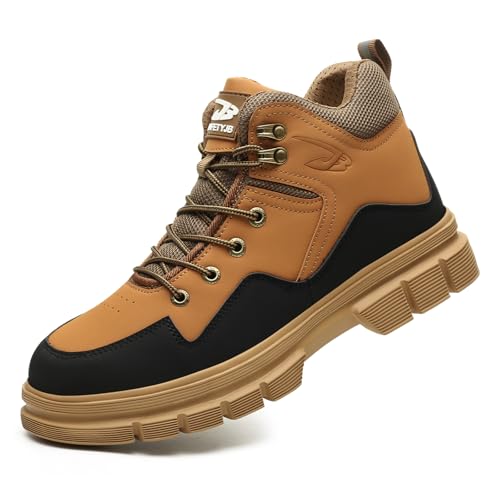 WaVkMoxy Sicherheitsstiefel mit Stahlkappe Winter Herren Damen Leicht rutschfeste Sicherheitsschuhe Wasserdicht Anti-Smash und Anti-Punktur Arbeitsschuhe BlackBrown 43 EU von WaVkMoxy
