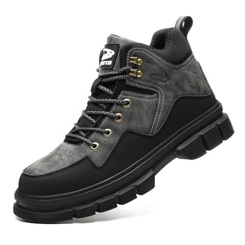 WaVkMoxy Sicherheitsstiefel mit Stahlkappe Winter Herren Damen Leicht rutschfeste Sicherheitsschuhe Wasserdicht Anti-Smash und Anti-Punktur Arbeitsschuhe BlackGrey 42 EU von WaVkMoxy