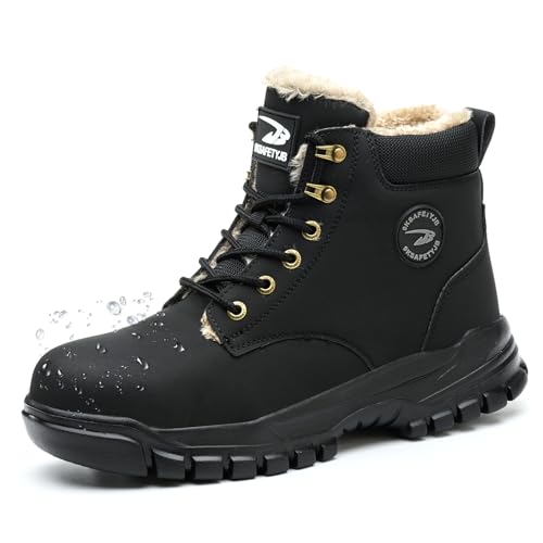 WaVkMoxy Sicherheitsstiefel mit Stahlkappe Winter Herren Damen Leicht rutschfeste Sicherheitsschuhe Wasserdicht Anti-Smash und Anti-Punktur Arbeitsschuhe Black 44 EU von WaVkMoxy