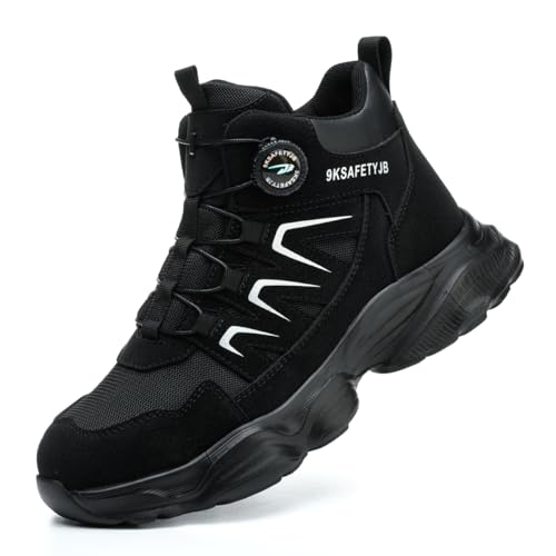 WaVkMoxy Sicherheitsschuhe Herren Damen Leder Arbeitsschuhe Herren Drehverschluss Schnellverschluss Wasserdicht Staubdicht Arbeits und baustellenstiefel Anti-Smash und Anti-Punktur Black46 von WaVkMoxy
