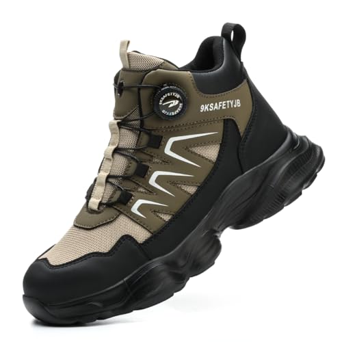 WaVkMoxy Sicherheitsschuhe Herren Damen Leder Arbeitsschuhe Herren Drehverschluss Schnellverschluss Wasserdicht Staubdicht Arbeits und baustellenstiefel Anti-Smash und Anti-Punktur Khaki43EU von WaVkMoxy
