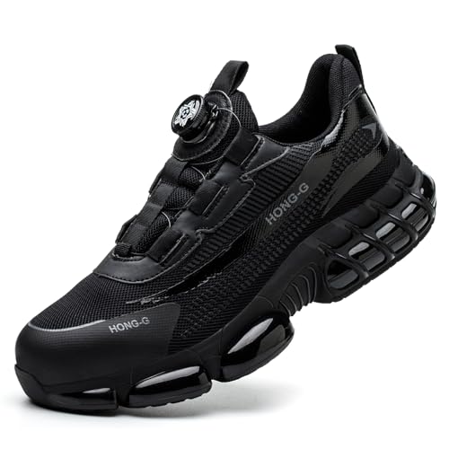 WaVkMoxy Sicherheitsschuhe Herren Damen Sportliche Arbeitsschuhe Leicht Stahlkappenschuhe Drehknopf Anti-Smash und Anti-Punktur Atmungsaktiv Versicherung Schuhe Black44 von WaVkMoxy