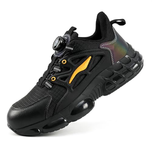 WaVkMoxy Sicherheitsschuhe Herren Damen Sportliche Arbeitsschuhe Leicht Stahlkappenschuhe Drehknopf Anti-Smash und Anti-Punktur Atmungsaktiv Versicherung Schuhe Yellow44 von WaVkMoxy