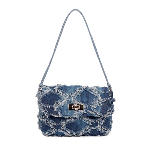 Damen Denim Schultertaschen Kleine Unterarm Jean Geldbörse Tie Dyed Stoff Clutch Handtasche Tote Strand Böhmische Tasche Für Frauen Mädchen, Blau, Small von Wabilu