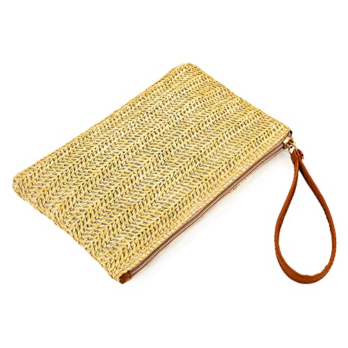 Damen Mädchen Stroh Clutch Tasche Reißverschluss Handgelenk Geldbörsen Bohemian Sommer Strand Stroh Geldbörse Handtasche für Reisen, gelb, Einheitsgröße von Wabilu