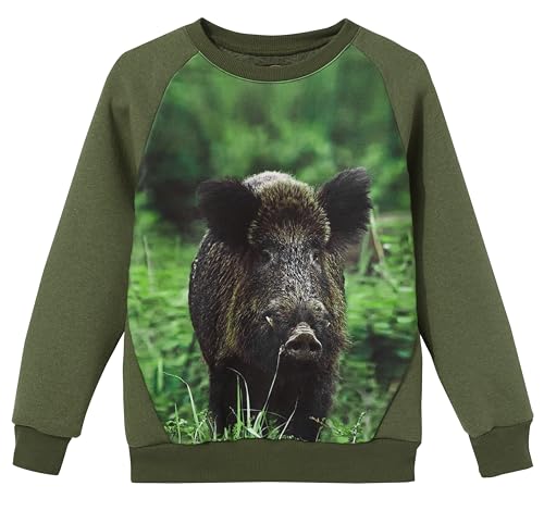 Wadera Cotton Pullover Kinder – Sweatshirt Jungen und Mädchen – Sicher Und Bequem Für Kinder – Kinderpullover Für Jungs – Kinderpullover 146/152 Grün mit Wildschwein von Wadera