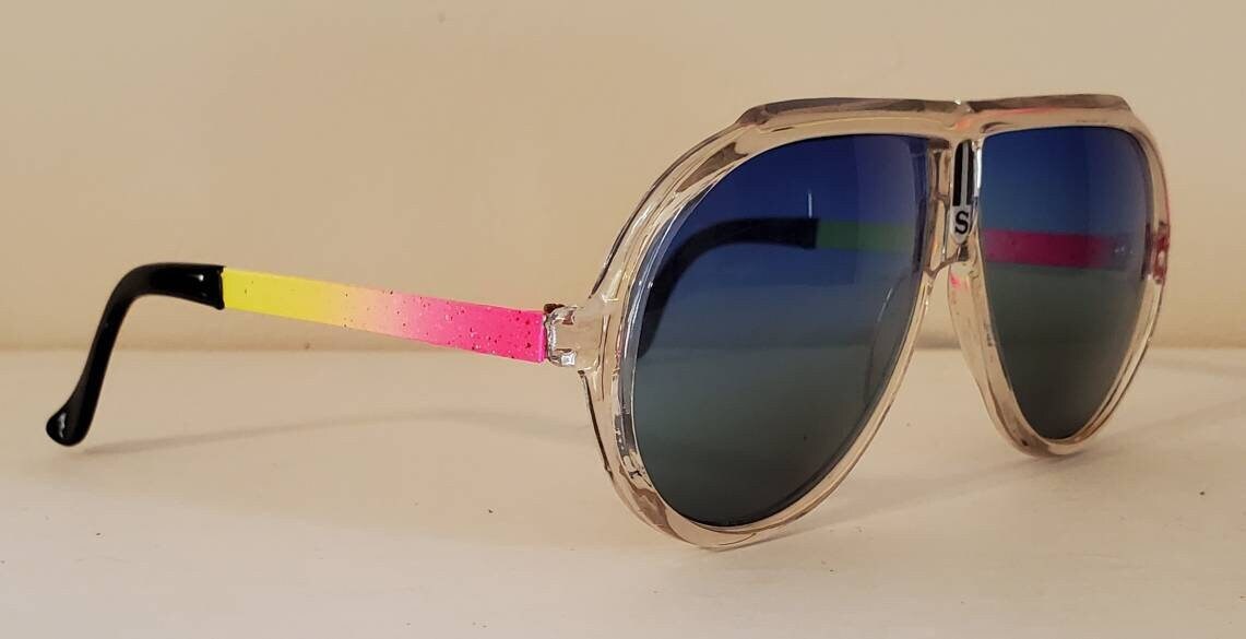 Vintage Aviator Sonnenbrille // Ozeanblau + Grüne Gläser Klare Brillenfassung Neon Pink Gelbe Metallfassungen 90S Brille Vtg von WadesRadShades