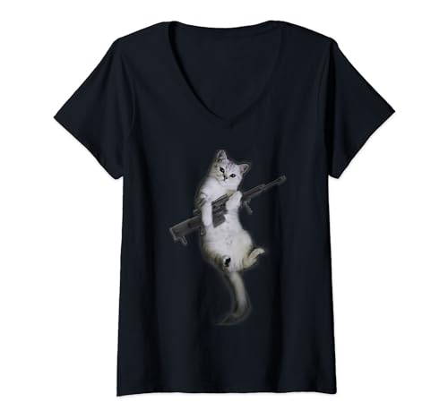 Damen Lustige Pistole Kätzchen Waffe Niedliche Katze T-Shirt mit V-Ausschnitt Damen Lustige Pistole Kätzchen Waffe Niedliche Katze T-Shirt mit V-Ausschnitt von Waffen Schießsport Enthusiast