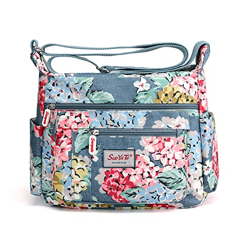 Umhängetasche Damen Multi Pocket Nylon Messenger Bag Schultertasche Leichte Reise Handtasche, Blauer Blumenstrauß, M von Wafybsre