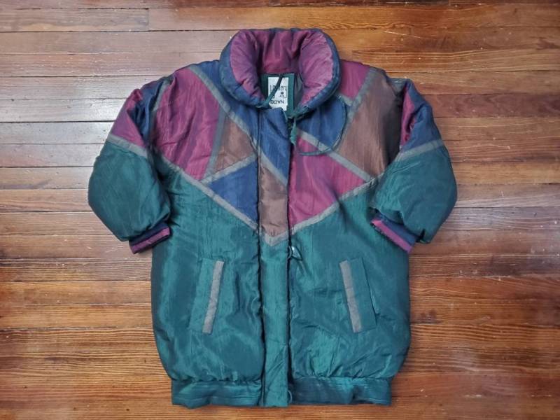 Large Women Vtg 80Er 90Er J.gallery Down Puffer Skijacke Glänzend Colorblock 2F865P von WagnerVintage