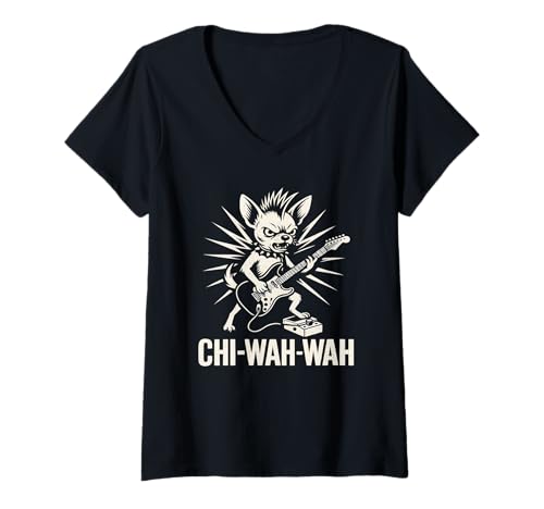 Damen Chihuahua Dog Guitarist Wah Pedal Punk Rocker Musik T-Shirt mit V-Ausschnitt Damen Chihuahua Dog Guitarist Wah Pedal Punk Rocker Musik T-Shirt mit V-Ausschnitt von Wah Pedal Dog Tees