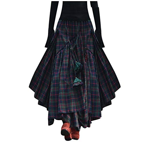 Damen Boho Midirock Swing Rock Casual Lang Rock Schottenrock Damen Wollrock Elastische Hohe Taille Langer Unterrock Röcke Winterrock Wolle Tartan Vintage Taille Retro Rock (Z2-Green, L) von Wahuan