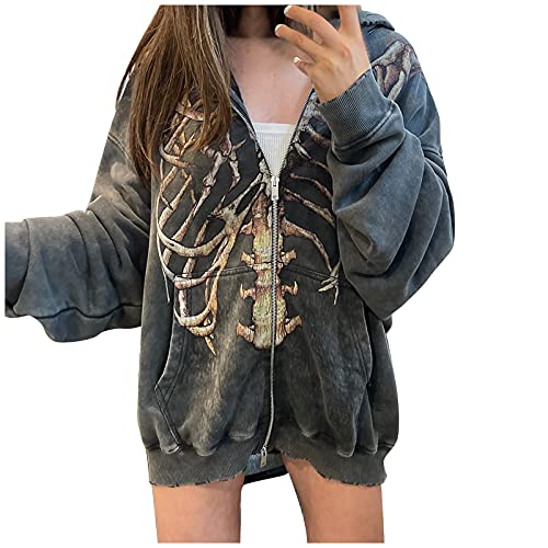 Damen Skeleton Jacke Hoodies Jacket Zip Up Graphics Langarm Kapuzenpullover Herbst Winter Sweatshirt Skelett E-Girl Streetwear Mädchen Y2K Freizeitjacken Gothic Oversized Pullovers von Wahuan