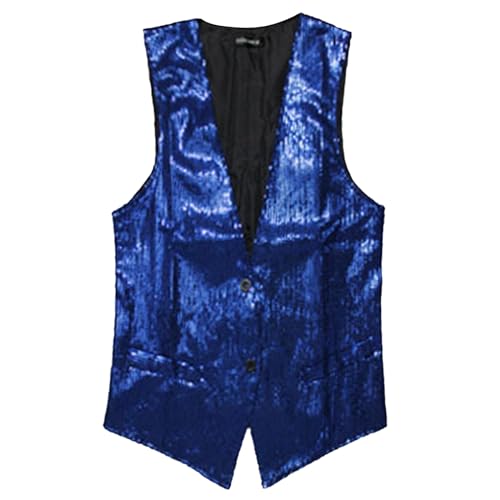 Herren Pailletten Anzugweste, V-Ausschnitt, Ärmellos, 2 Button Down Weste Herren Pailletten 70er Ärmellos Glitzer Weste Mantel Disco Karneval Kostüm Rave Outfit Paillettenweste Glänzend (Blue, XXL) von Wahuan