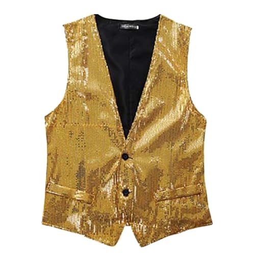 Herren Pailletten Anzugweste, V-Ausschnitt, Ärmellos, 2 Button Down Weste Herren Pailletten 70er Ärmellos Glitzer Weste Mantel Disco Karneval Kostüm Rave Outfit Paillettenweste Glänzend (Gold, L) von Wahuan