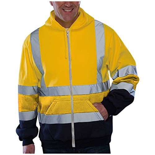 Herren Sichtbarkeit Hoodie Road Work Hoch Pullover Reflektierende Streifen Sweatshirt Herrentel Zip Up Fleece Hoody Mit Kapuze Sicherheit Sicherheit Jumper Top Warnschutz Jacke (z1-Yellow, L) von Wahuan