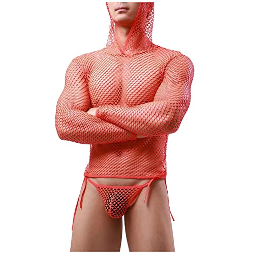 Herren Unterhemd Netz Hemd T-Shirt Langarm Muskel Transparent Shirts Netz Unterhemd Rundhals Mesh Clubwear Party Netzhemd Einfarbig Transparent Vintage Longsleeve Unterwäsche (01-Orange, L) von Wahuan