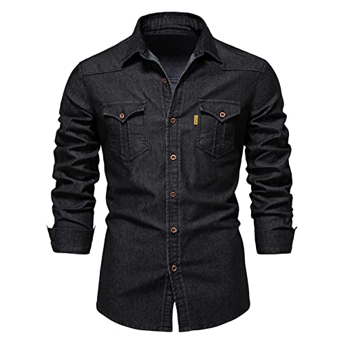 Herrenhemd Baumwolle- Jeansoptik – Vintage Hemd Cargo Langarm-Hemd für Männer - in 3 Farben Herren Denim Shirt Langarmhemd,Freizeithemd (A-Black, XL) von Wahuan