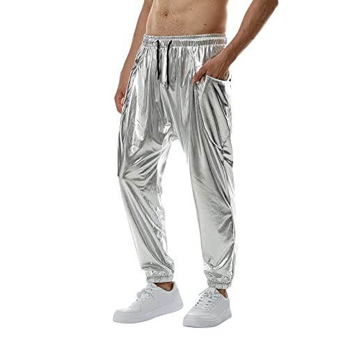 Hose Silber Metallic Herren Glänzed Hose Elastischer Bund Sporthose Locker Casual Lang Hose Sweathose Jogginghose Freizeithose für Hip-Hop-Hose Party, Festival, Abschlussball, Streetwear (Silver, M) von Wahuan