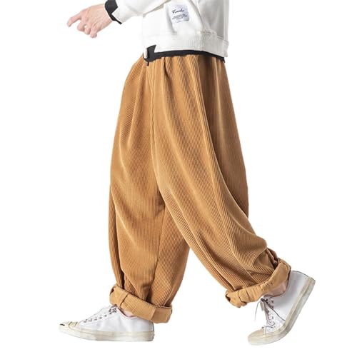 Männer Casual Loose Staight Hose Herren Herren Baggy Cordhose Jogger Cordhose Lässig Lose Leicht Elastische Taille Haremshose Männlich Herbst Winterhose Taille Baumwolle Kordelug (Khaki, XXXXL) von Wahuan
