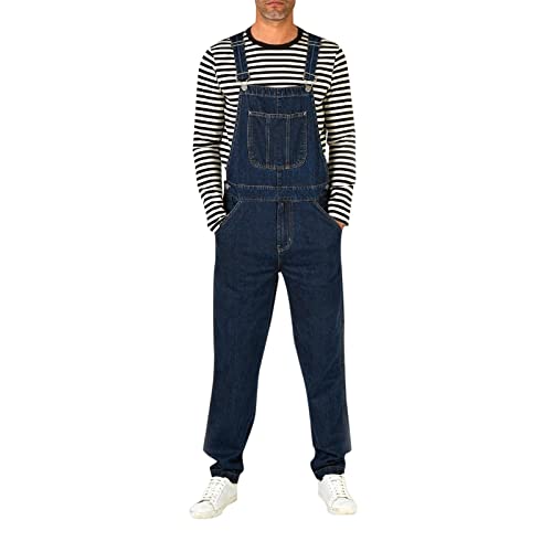 Mode Herren Jeans, Latzhose Slim Fit Lang Hose Denim Jumpsuit Vintage Overall Workwear Männer Cargohose Jogginghose Casual Pocket Pencil Overalls Hose Loose mit Löcher für Männer (Dark Blue, M) von Wahuan