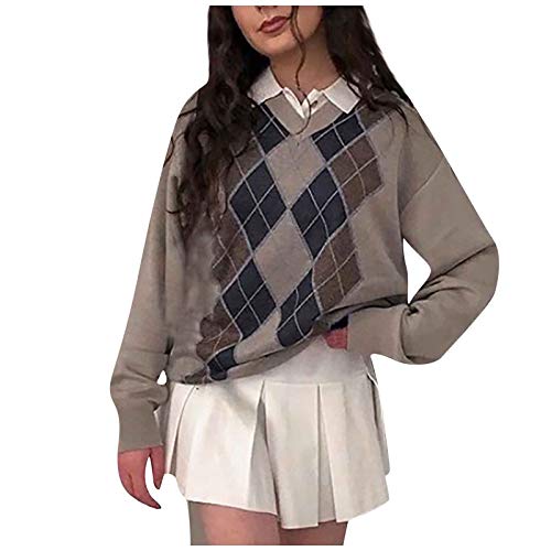 Strickpullover Oversize Rundhals Langarm Gestreifte College Strickpulli Teenager Mädchen Pullover Retro Winter Y2K Pullover Damen Strickwaren Harajuku Kleidung Oberteile Tops (Braun, M) von Wahuan