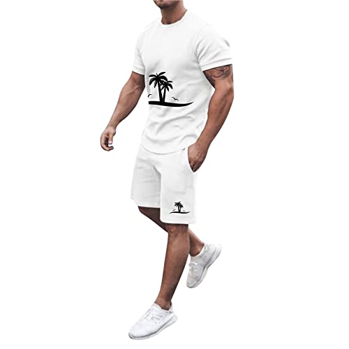 Trainingsanzug für Herren Sommer Sportanzug 2 Teiliges Bedruckter Outfit Set Kurzarm T-Shirts mit Rundhalsausschnitt + Kurze Hose mit Taschen Freizeitanzug für Männer (White, M) von Wahuan