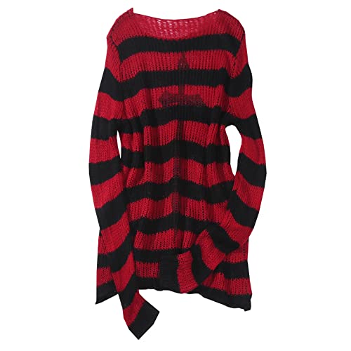 Wahuan Damen Gothic Oversize Gestreifter Zerrissene Longpullover Pulloverkleid Grunge Punk Vintage Strickpullover Oberteile Jumper Tops Langarmshirt Oberteile Gestrickt Lose (B1-Red, One Size) von Wahuan