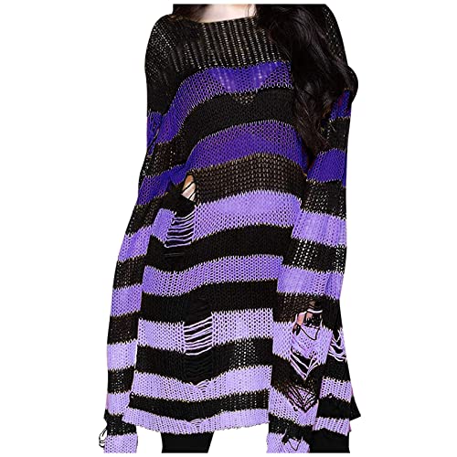 Wahuan Damen Gothic Oversize Gestreifter Zerrissene Longpullover Pulloverkleid Punk Vintage Strickpullover Oberteile Jumper Tops Langarmshirt Oberteile Gestrickt Lose Oberteile (A-Purple, One Size) von Wahuan